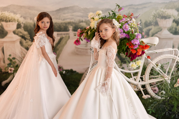 Pentelei 3909 Floral Shoulder Cluster – Ivory Kids Ball Gown Communion Dress