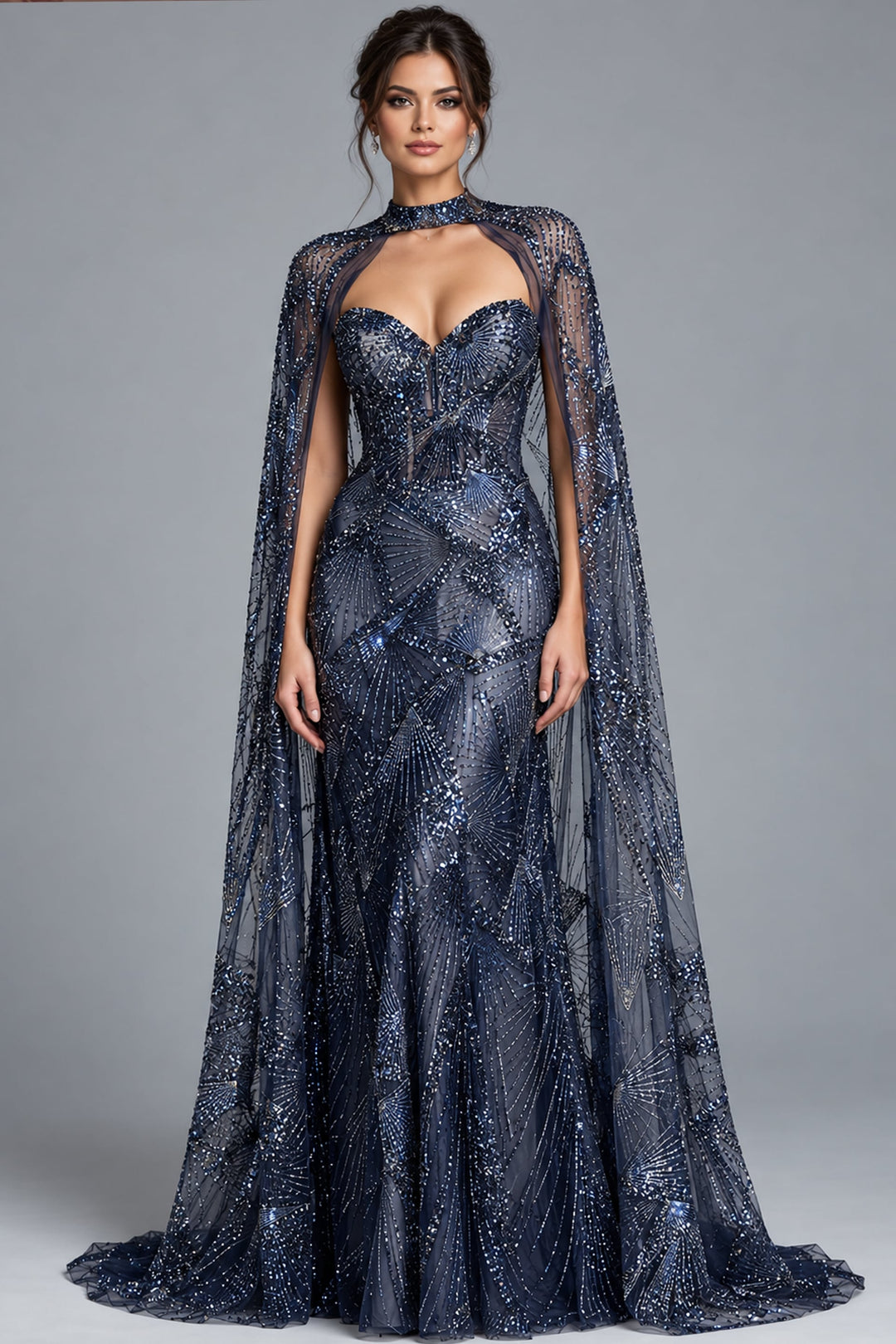 Jovani 39214 Strapless Beaded Cape Mermaid Gown front view