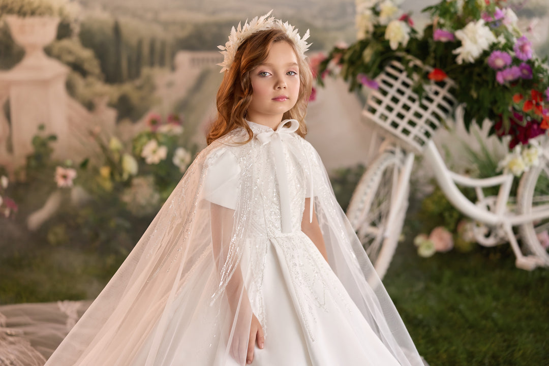 Pentelei 3929 Beaded Cape Ball Gown Kids Dress