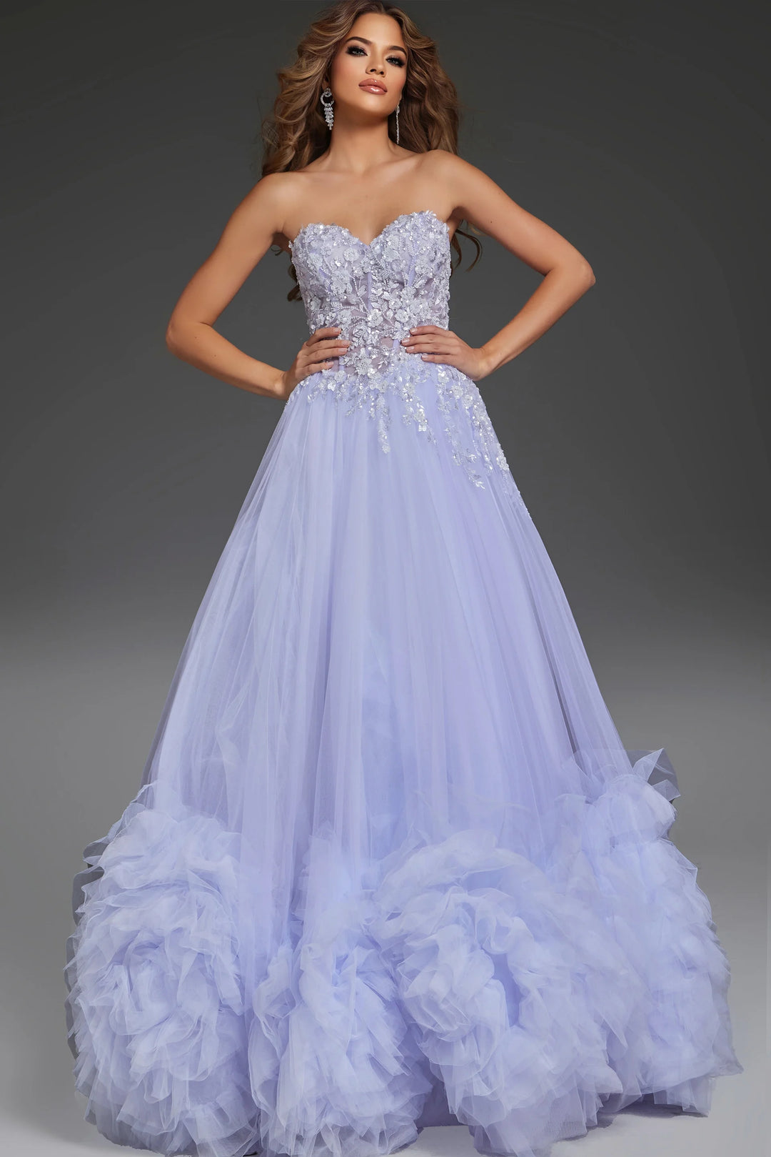 Jovani 40170 Strapless Tulle Ball Gown with 3D Floral Details