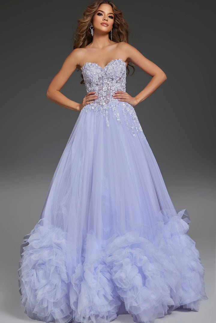 Jovani 40170 Strapless Tulle Ball Gown with 3D Floral Details