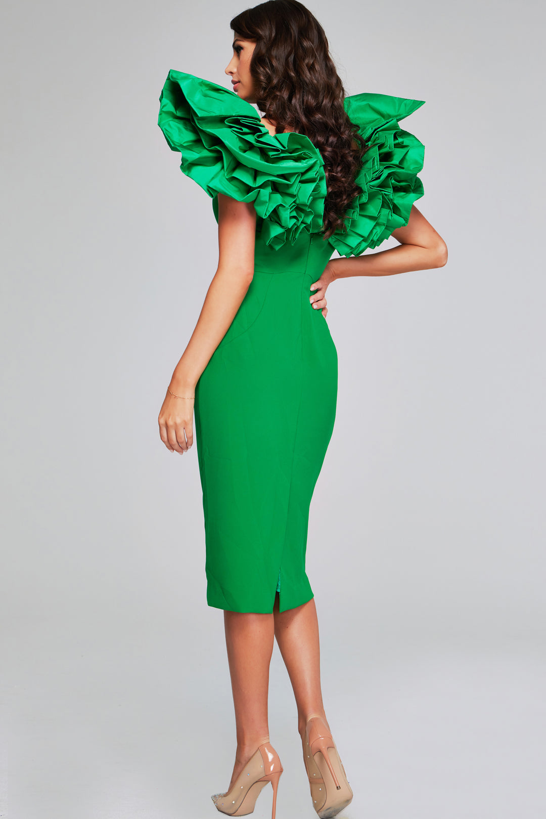 Jovani 40662 Elegant Ruffle Shoulder Midi Dress