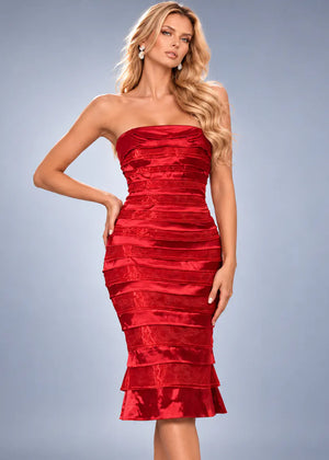 Jovani 44384 strapless ruched tiered midi dress front view
