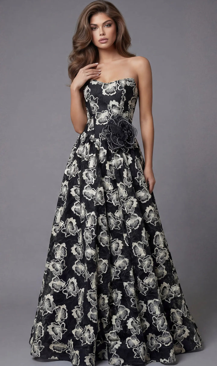 Jovani 45499 strapless floral A-line ball gown front view