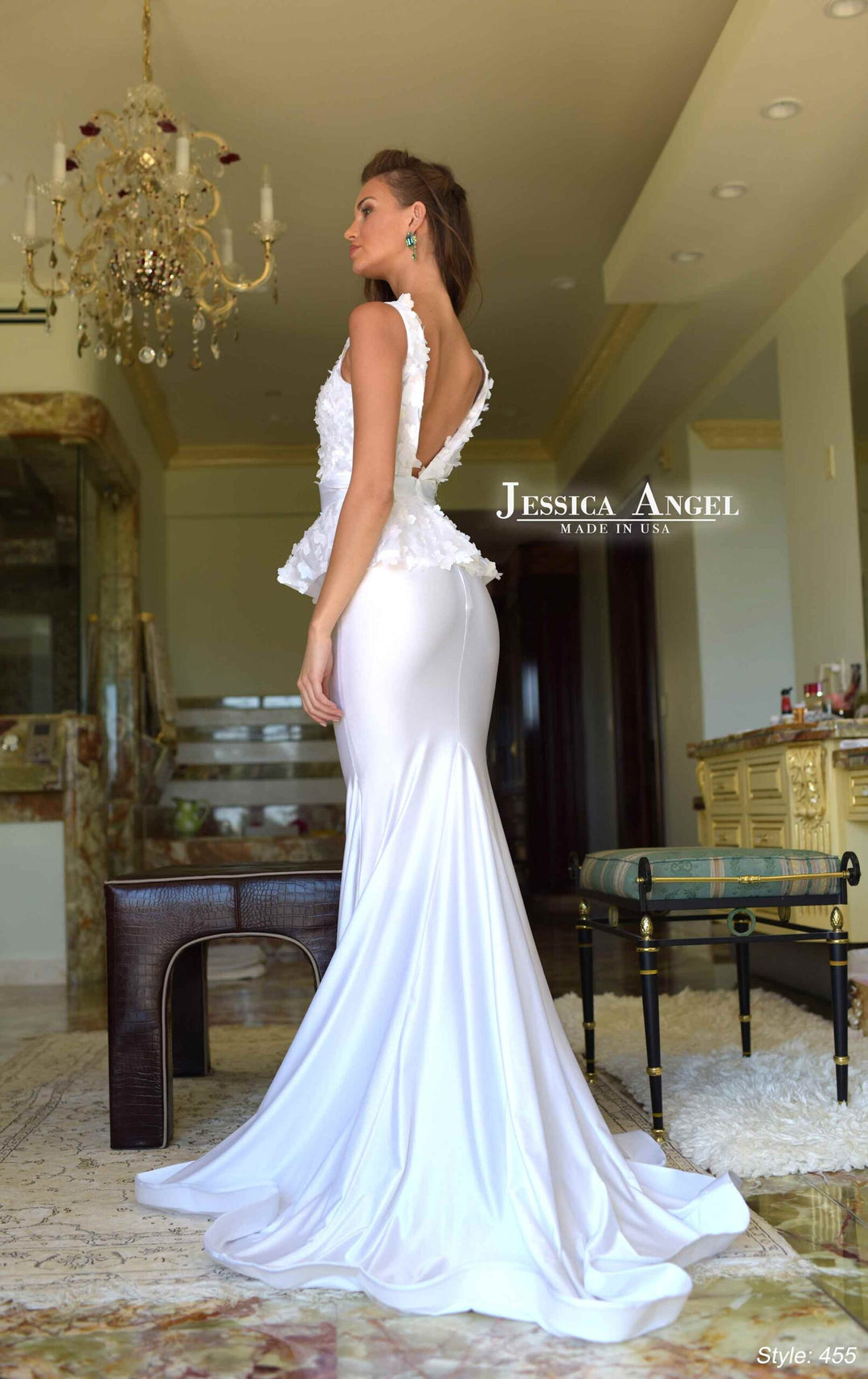 Jessica Angel 455 3D flower mermaid evening gown back view