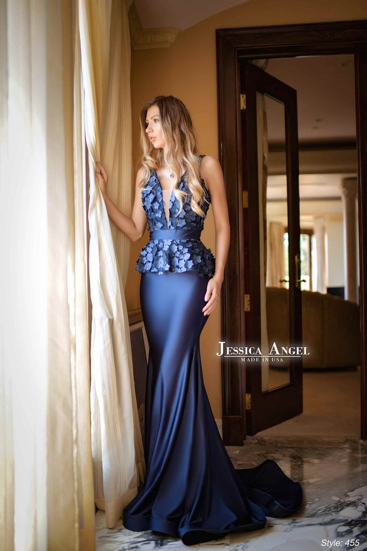 Jessica Angel 455 3D flower mermaid evening gown front view