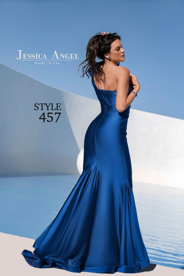 Jessica Angel 457 one sleeve jersey mermaid gown back view