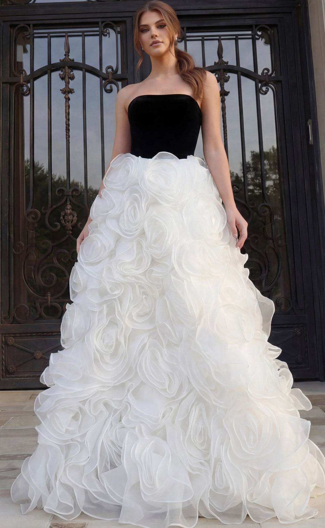 Jovani 45883 Strapless Gown With Sculpted Rosette Skirt