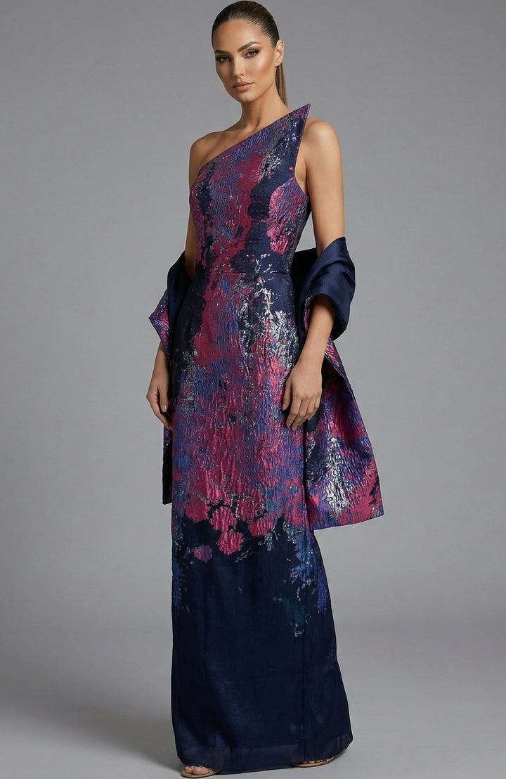 Jovani 46259 One Shoulder Jacquard Gown With Structured Shawl