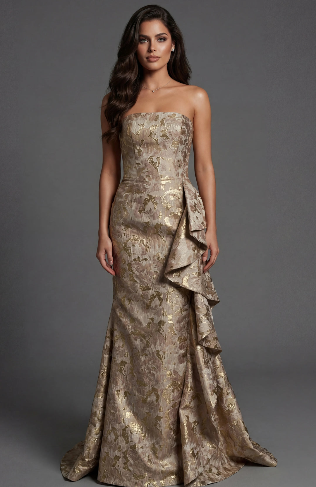 Jovani 46517 Brocade Gown With Draped Side Detail - FOSTANI.com