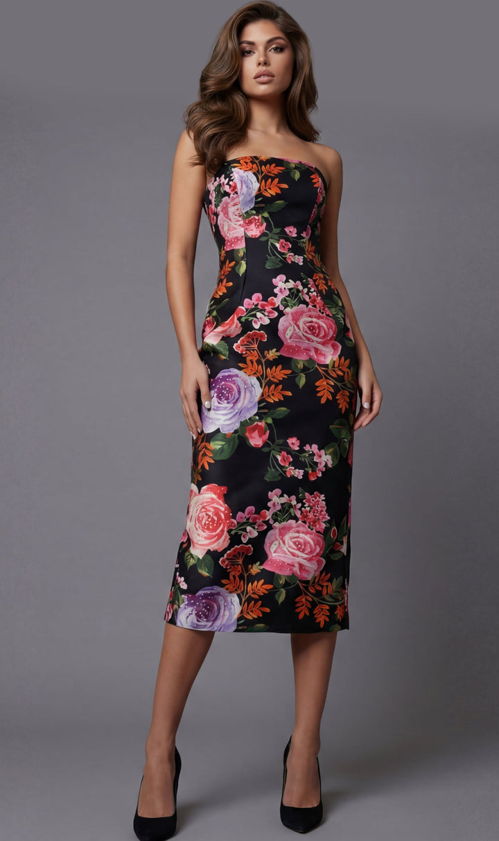 Jovani 46565 Strapless Floral Midi Dress With Fitted Silhouette