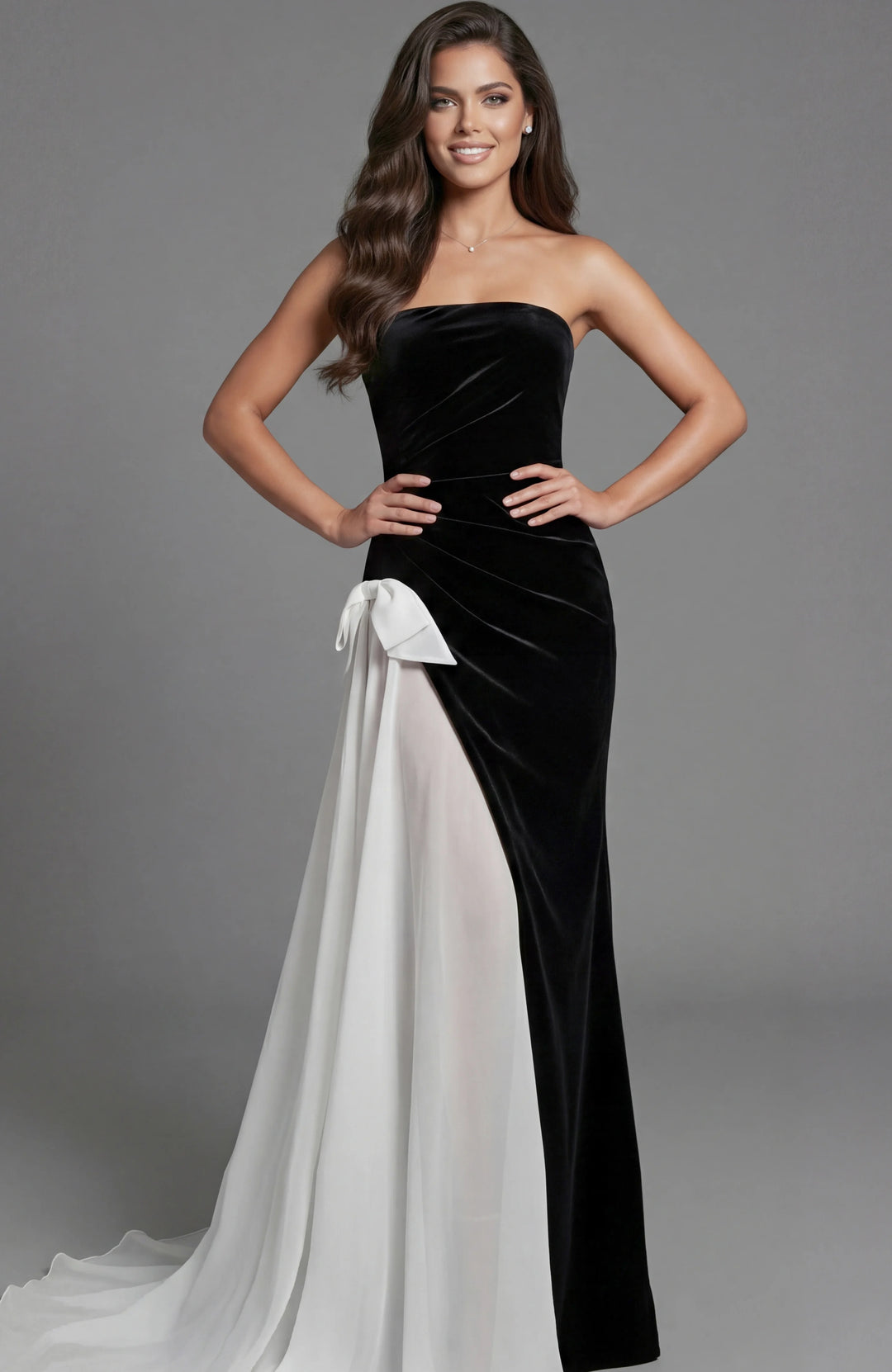 Jovani 50241 Strapless Velvet Gown With Contrast Drape - FOSTANI.com