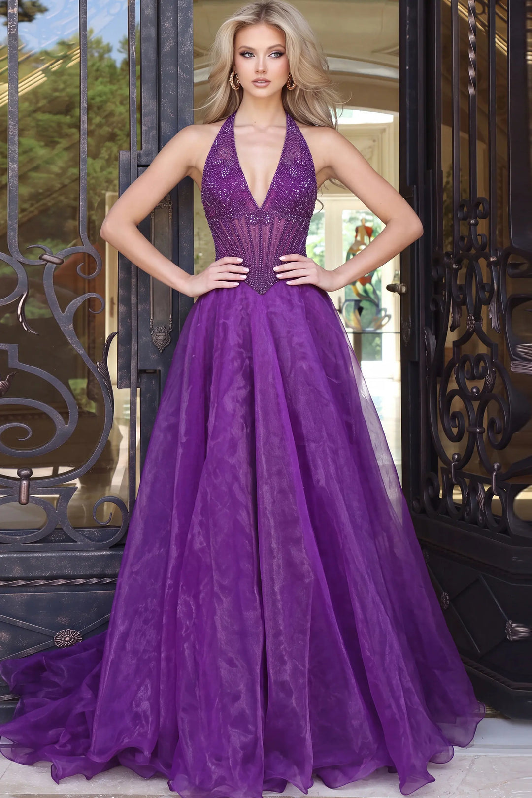 Jovani 47806 halter V-neck beaded corset ball gown front view