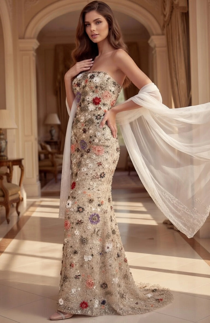 Jovani 48587 Strapless Floral Embroidered Sequin Mermaid Gown