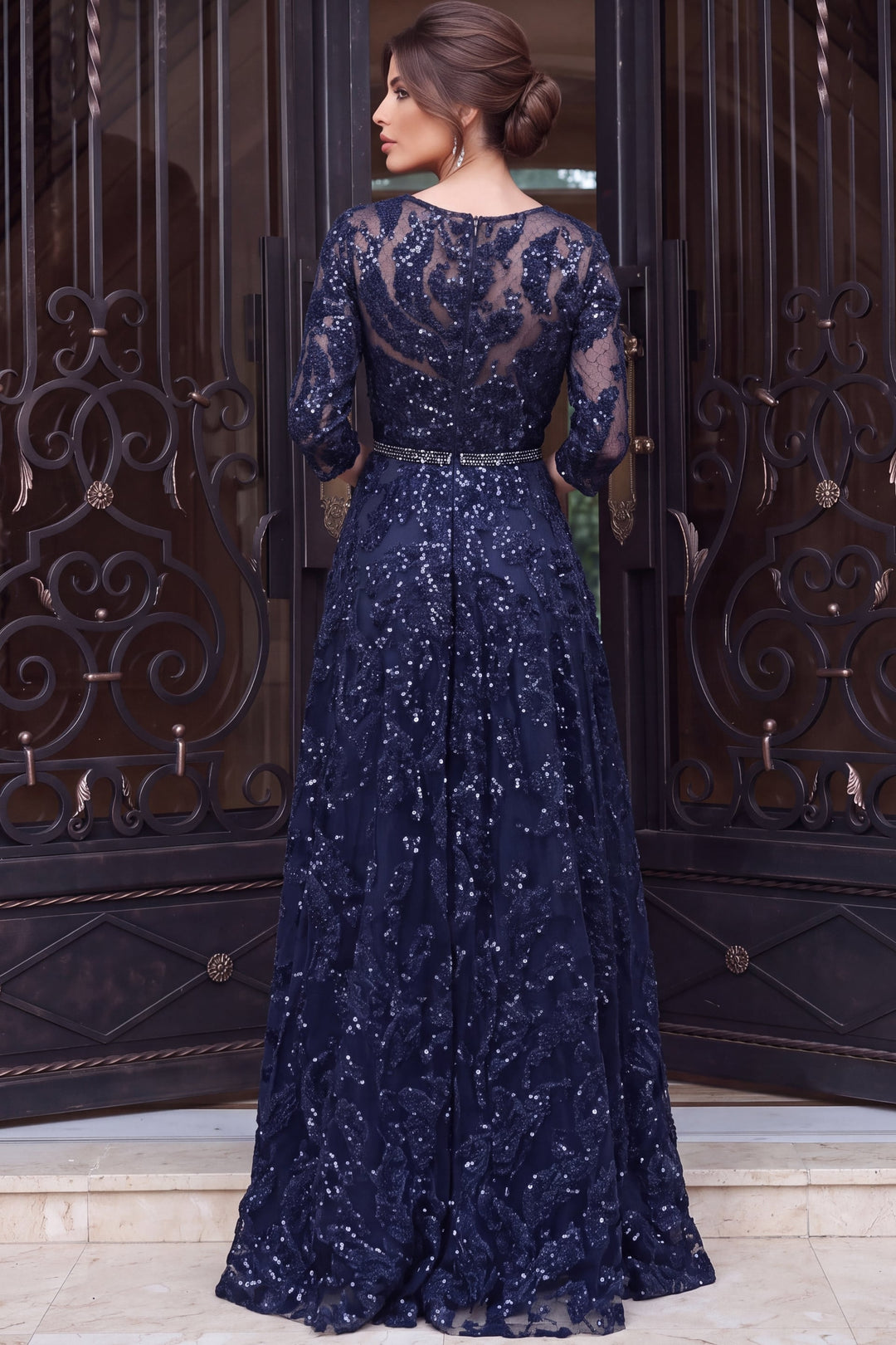Jovani 48749 V-Neck Three-Quarter Sleeve Embellished A-Line Evening Gown back view