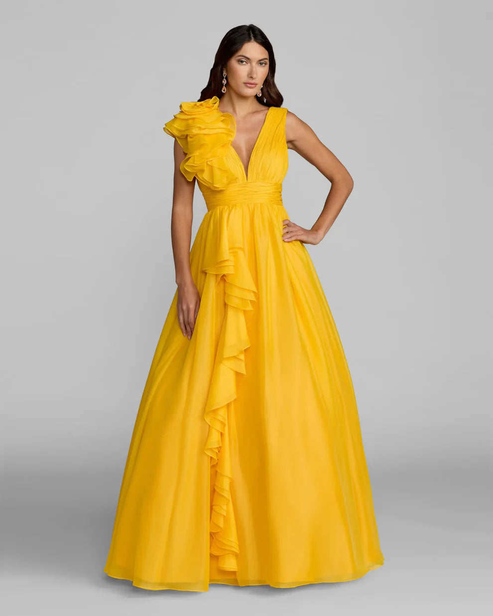 Mac Duggal 48856 Ruffle Shoulder V-Neck Chiffon Dress - FOSTANI.com