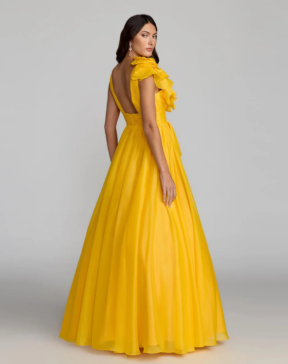 Mac Duggal 48856 Ruffle Shoulder V-Neck Chiffon Dress - FOSTANI.com