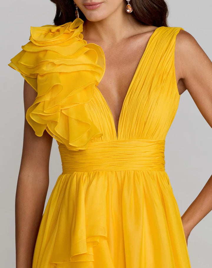 Mac Duggal 48856 Ruffle Shoulder V-Neck Chiffon Dress - FOSTANI.com