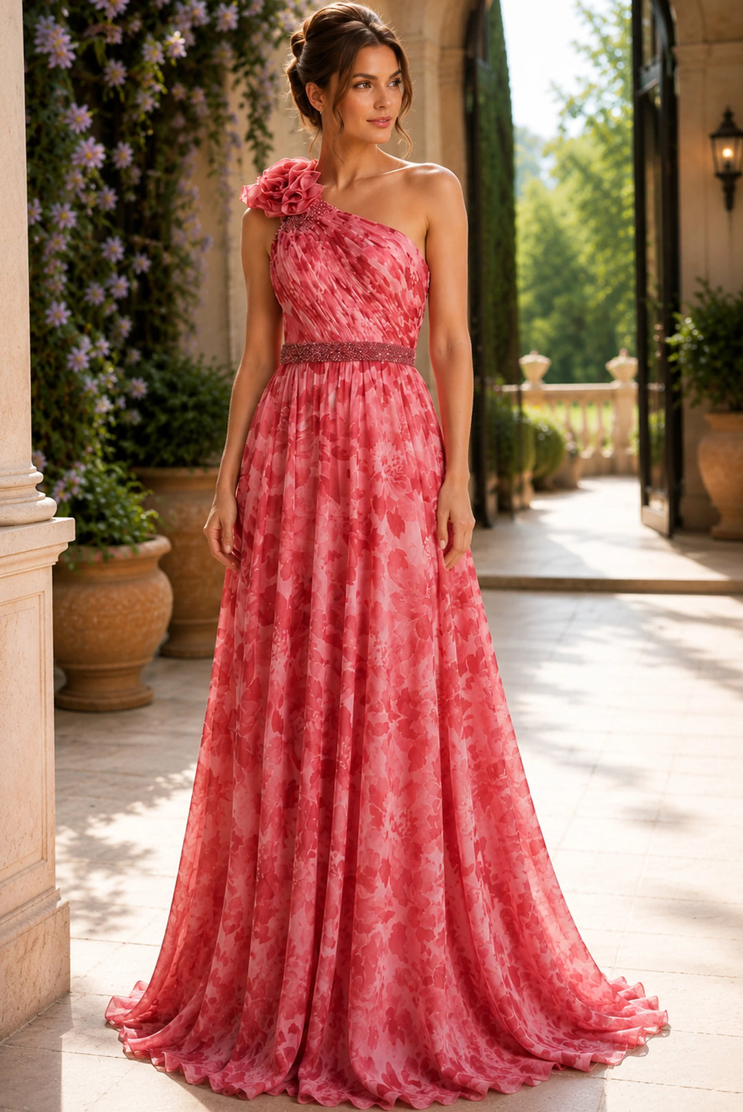 Jovani 49018 Chiffon One Shoulder Beaded Belt Gown - FOSTANI.com