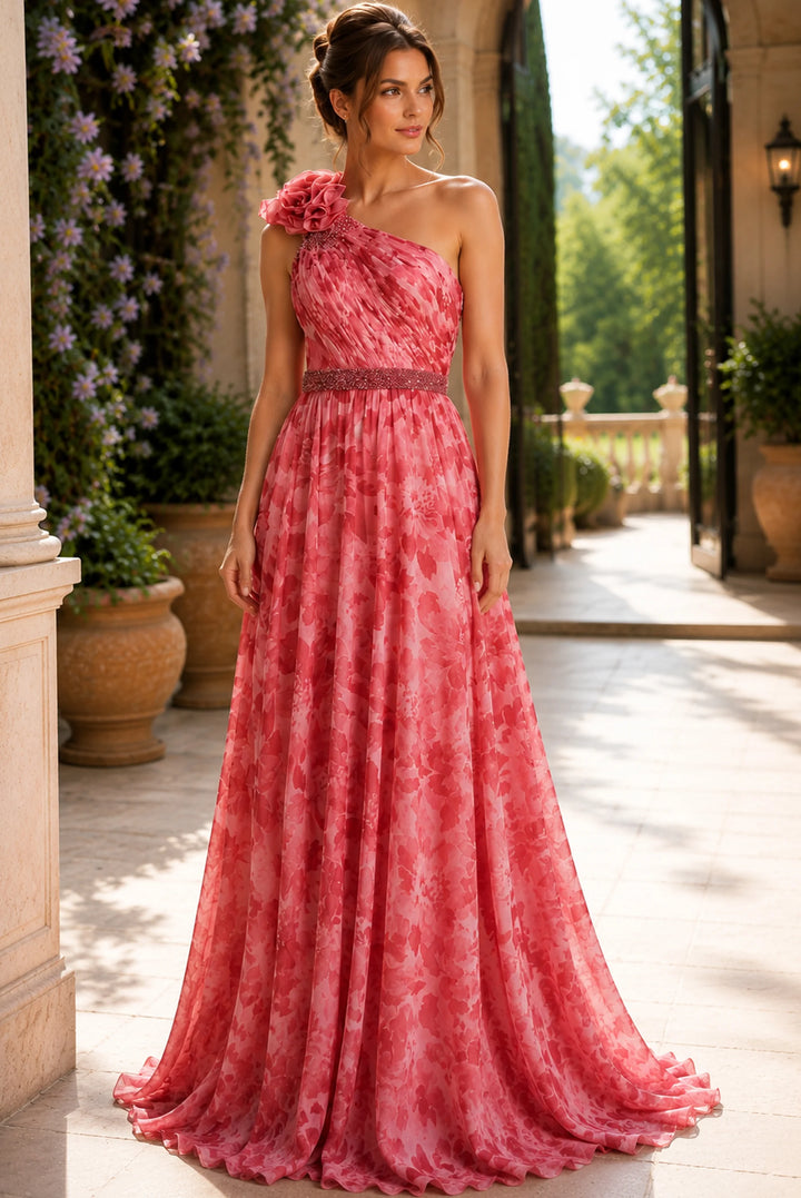 Jovani 49018 Chiffon One Shoulder Beaded Belt Gown - FOSTANI.com