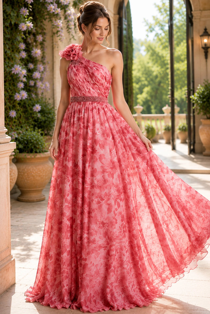 Jovani 49018 Chiffon One Shoulder Beaded Belt Gown - FOSTANI.com