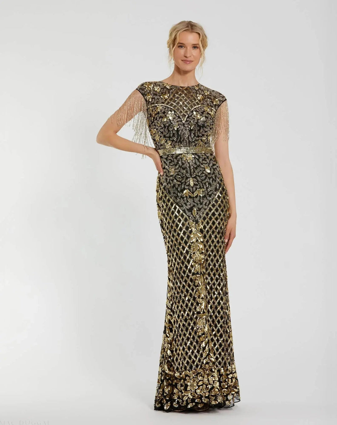 Mac Duggal 4908 Black High Neck Beaded Fringe Fitted Gown - FOSTANI.com