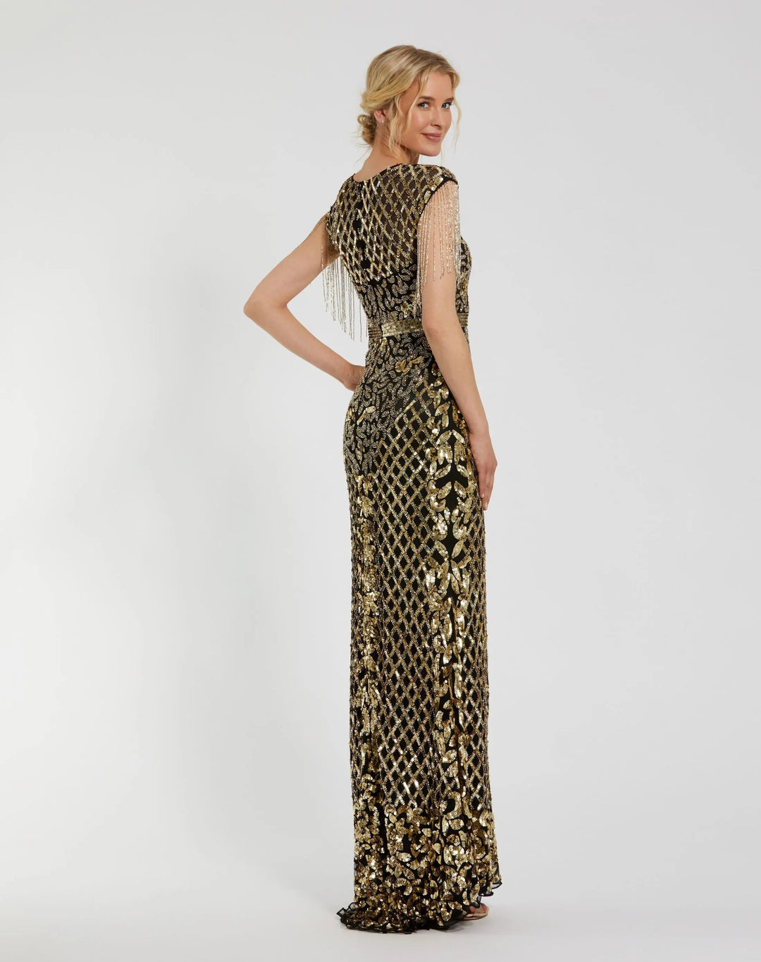 Mac Duggal 4908 Black High Neck Beaded Fringe Fitted Gown - FOSTANI.com