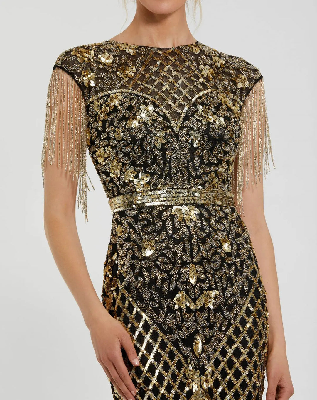 Mac Duggal 4908 Black High Neck Beaded Fringe Fitted Gown - FOSTANI.com