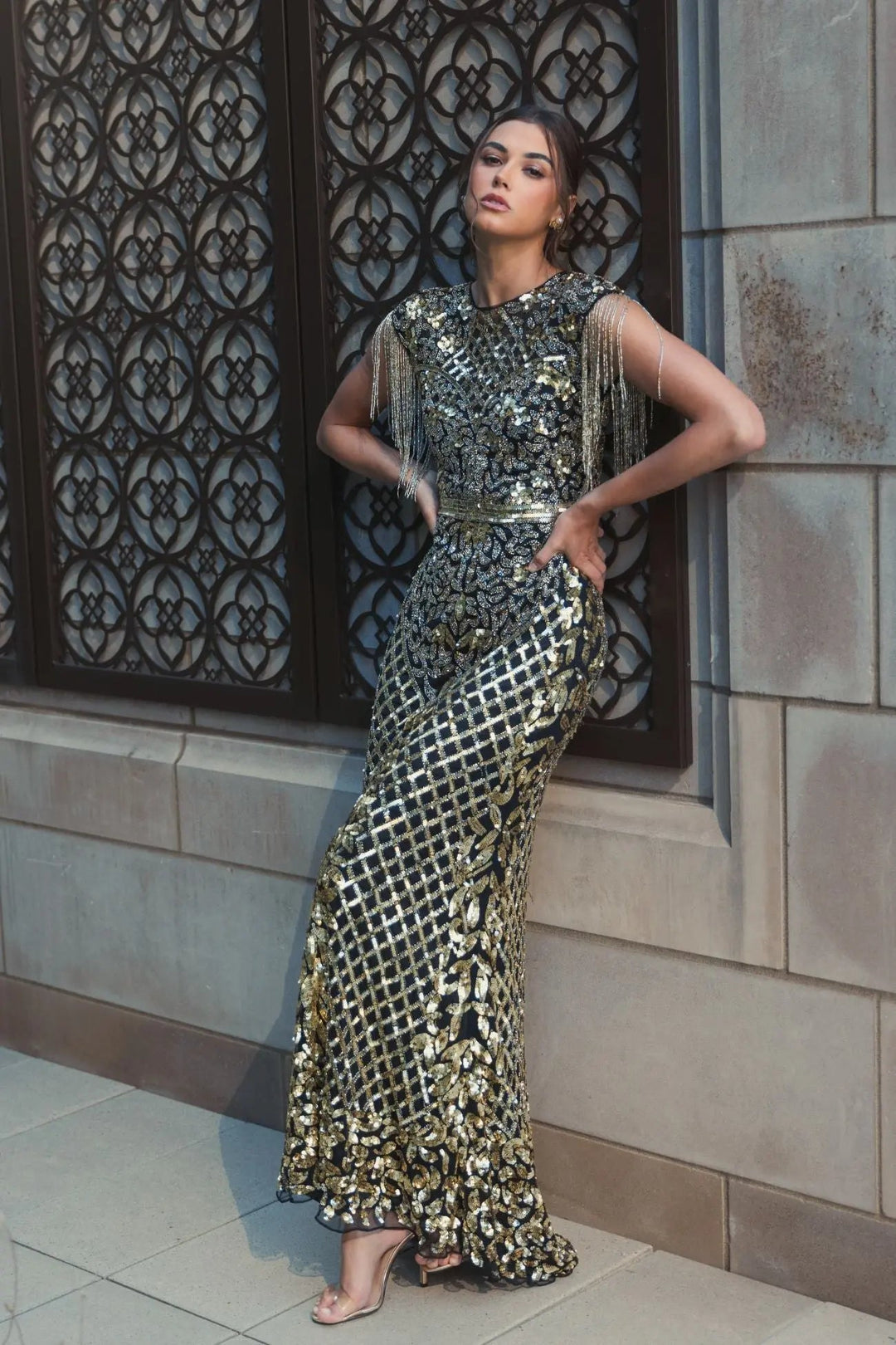 Mac Duggal 4908 Black High Neck Beaded Fringe Fitted Gown - FOSTANI.com