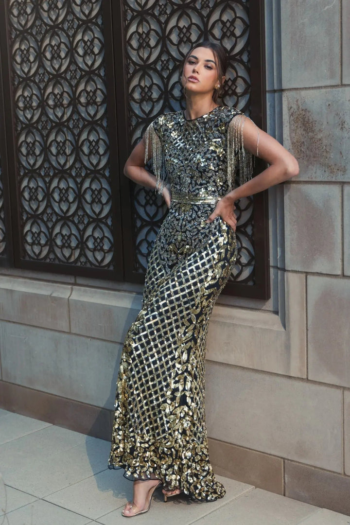 Mac Duggal 4908 Black High Neck Beaded Fringe Fitted Gown - FOSTANI.com