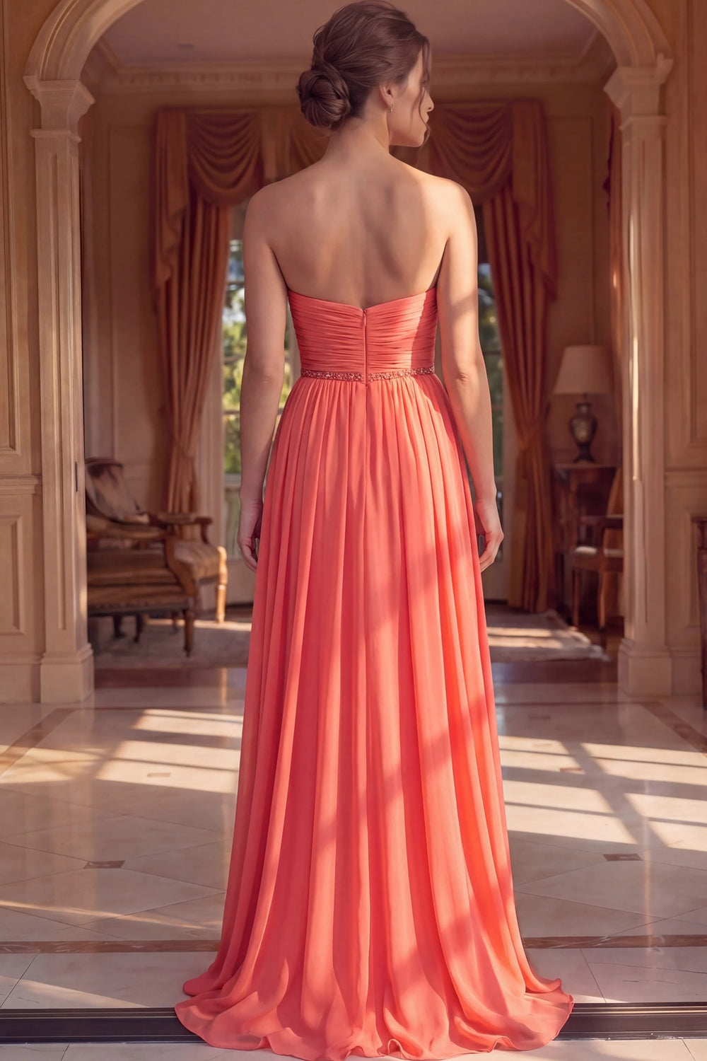 Jovani 49536 Strapless Coral Chiffon A-Line Gown - FOSTANI.com