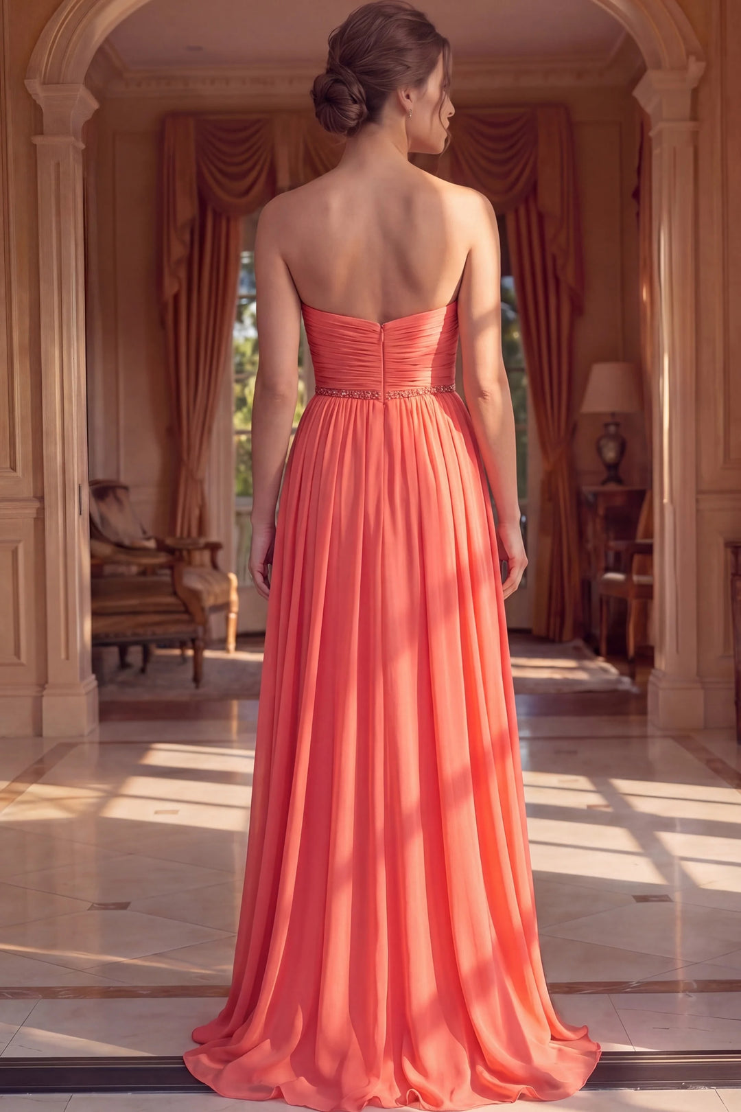 Jovani 49536 Strapless Coral Chiffon A-Line Gown - FOSTANI.com