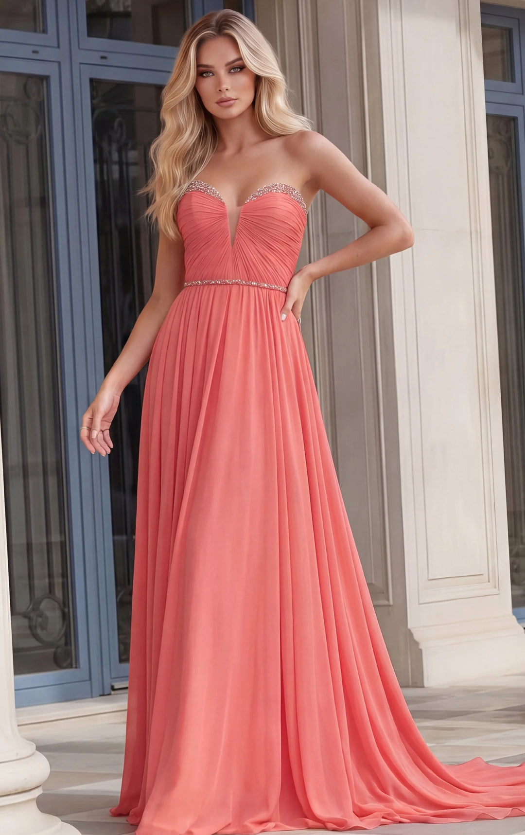 Jovani 49536 Strapless Coral Chiffon A-Line Gown - FOSTANI.com