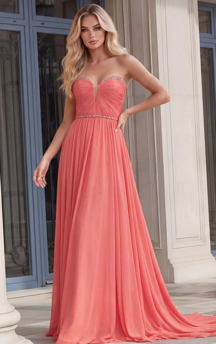 Jovani 49536 Strapless Coral Chiffon A-Line Gown - FOSTANI.com