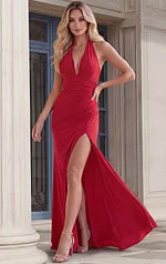Jovani 49544 Halter Neck Fitted Gown with High Slit - FOSTANI.com