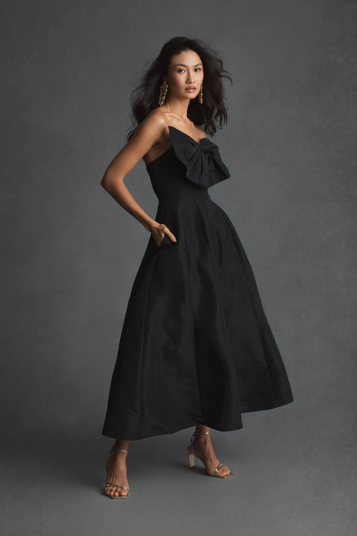 Black Strapless A-Line Tea Length Statement Bow Dress - FOSTANI.com