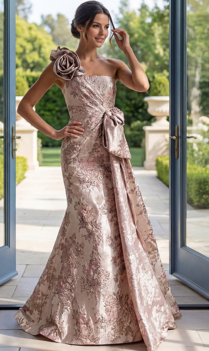 Jovani 49623 one-shoulder rosette floral trumpet evening dress, front