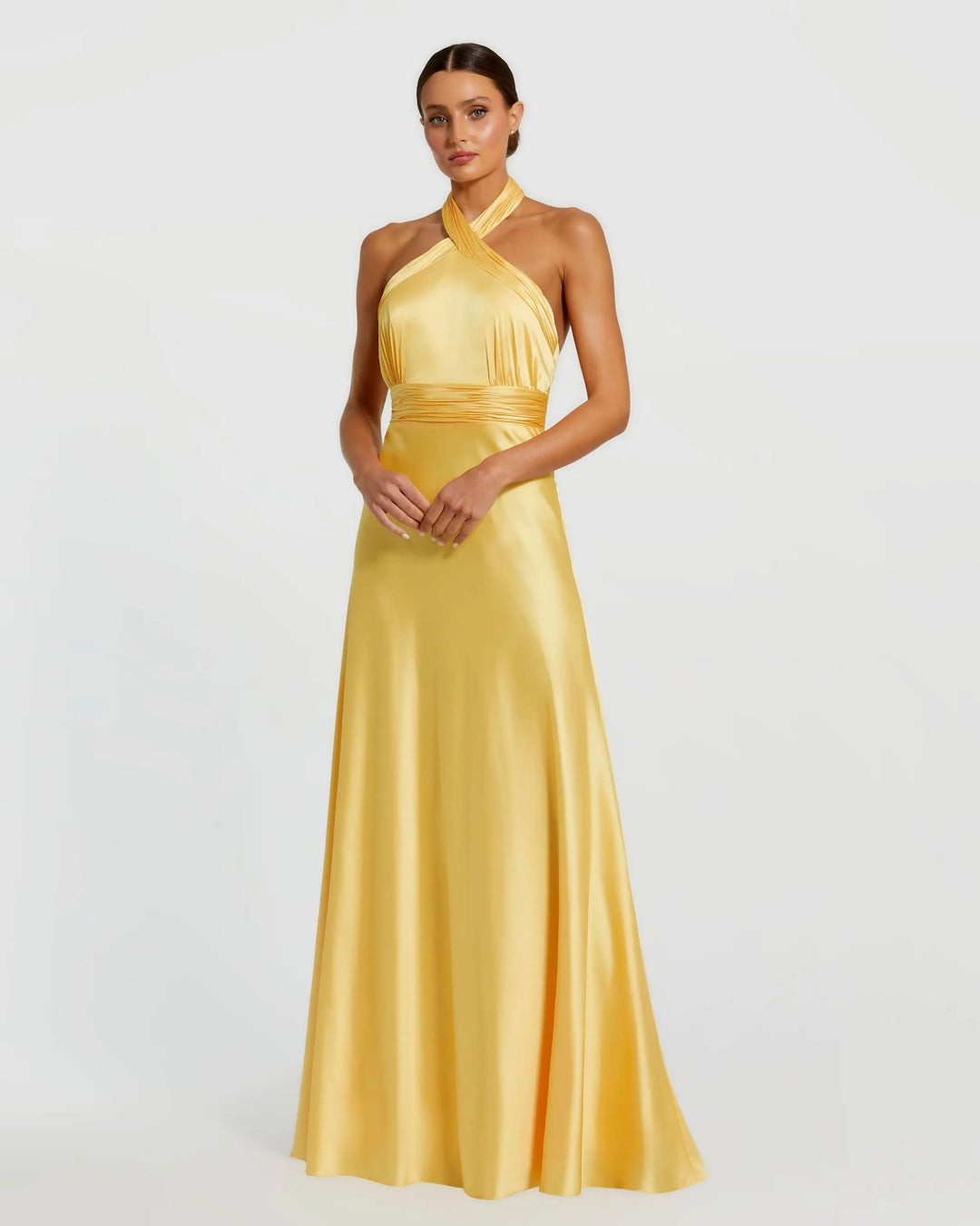 Yellow Ruched Halter Neck Tie Back Satin Gown - FOSTANI.com