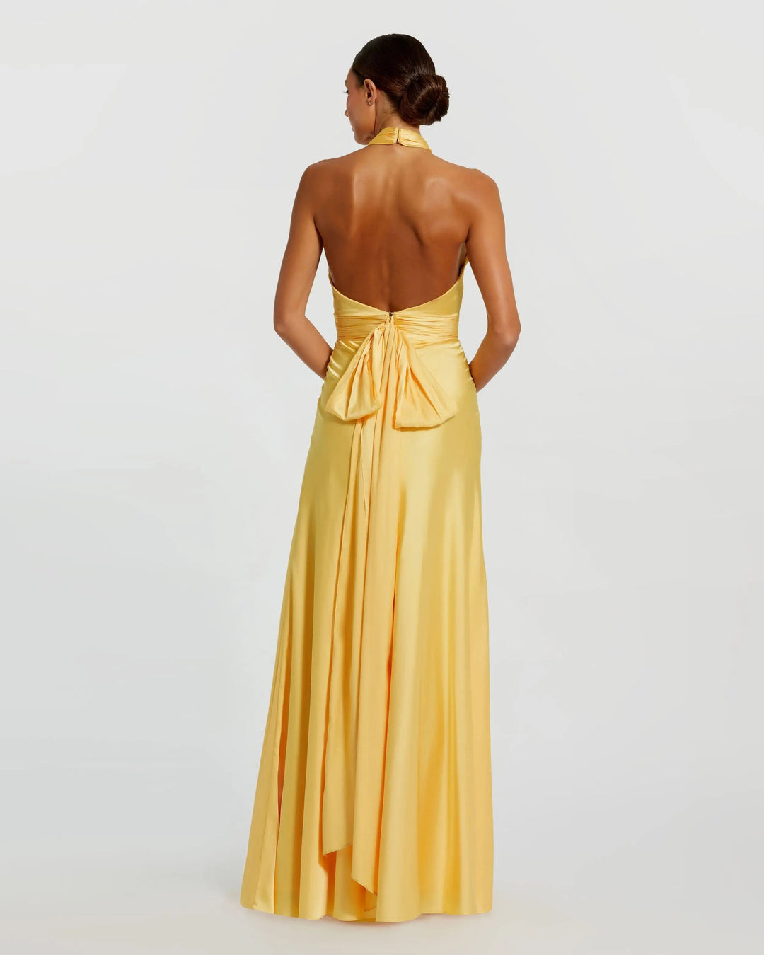Yellow Ruched Halter Neck Tie Back Satin Gown - FOSTANI.com