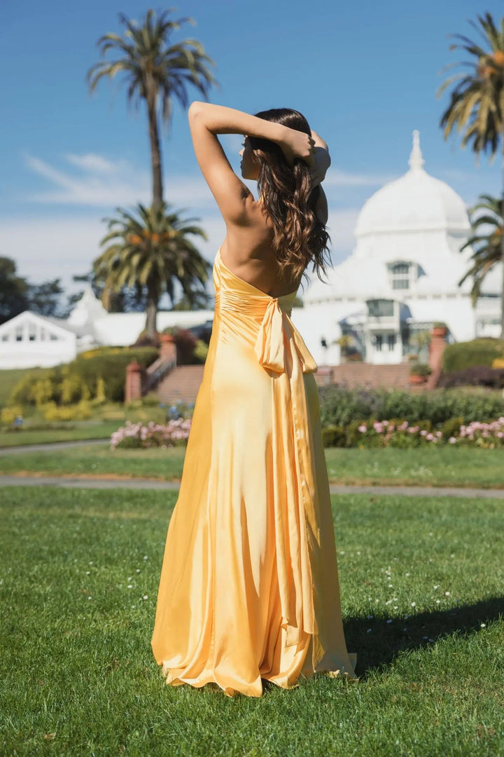 Yellow Ruched Halter Neck Tie Back Satin Gown - FOSTANI.com