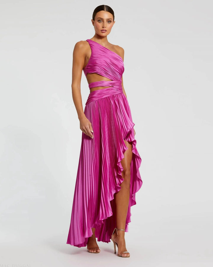 Purple One Shoulder Pleated Charmeuse Gown with Slit - FOSTANI.com