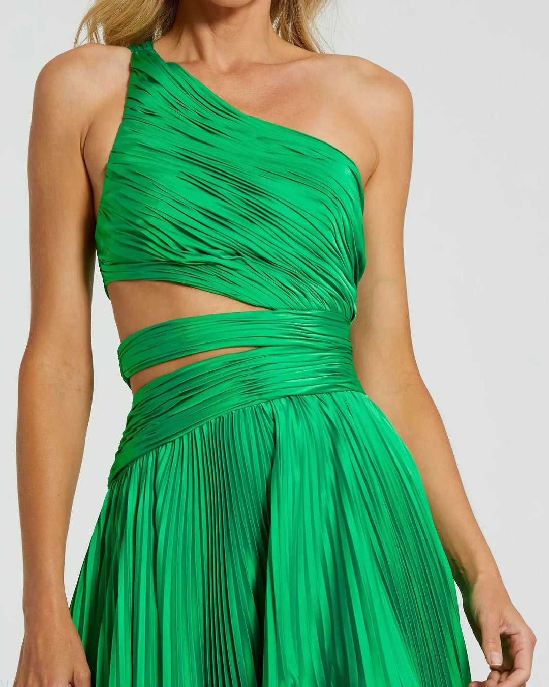 Green One Shoulder Pleated Charmeuse Gown with Slit - FOSTANI.com