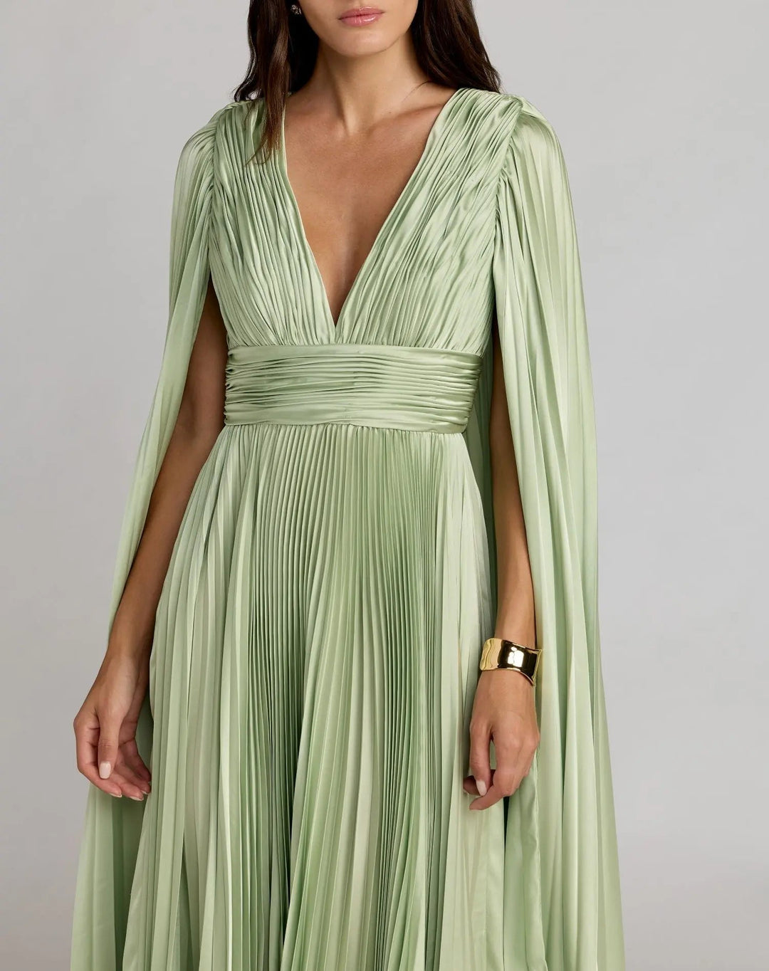 Light Green Pleated Charmeuse V Neck Gown With Cape - FOSTANI.com