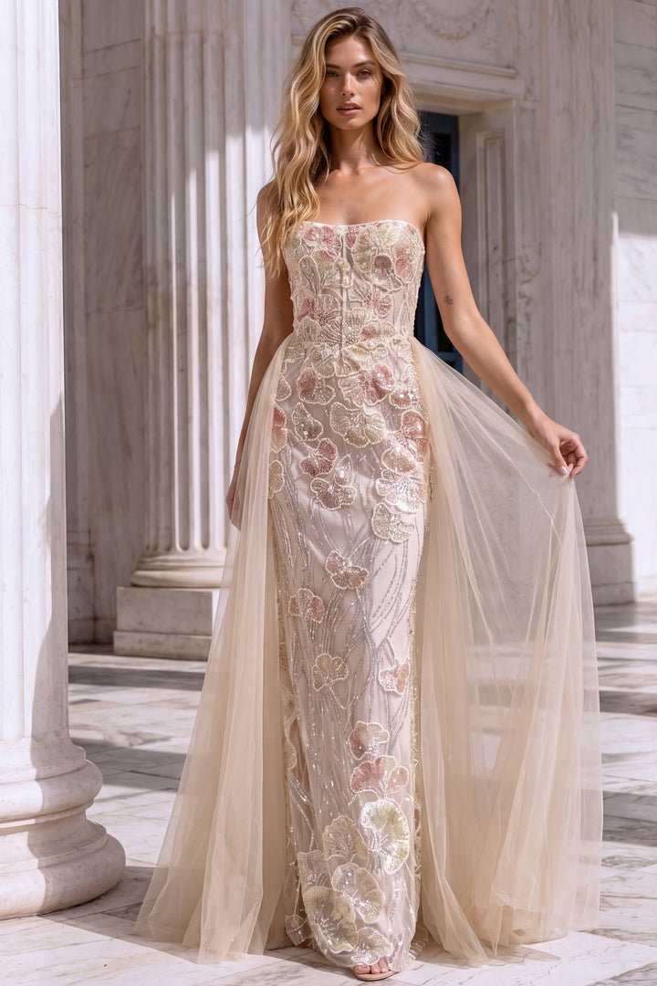 Jovani 49883 Floral Beaded Gown with Tulle Overskirt