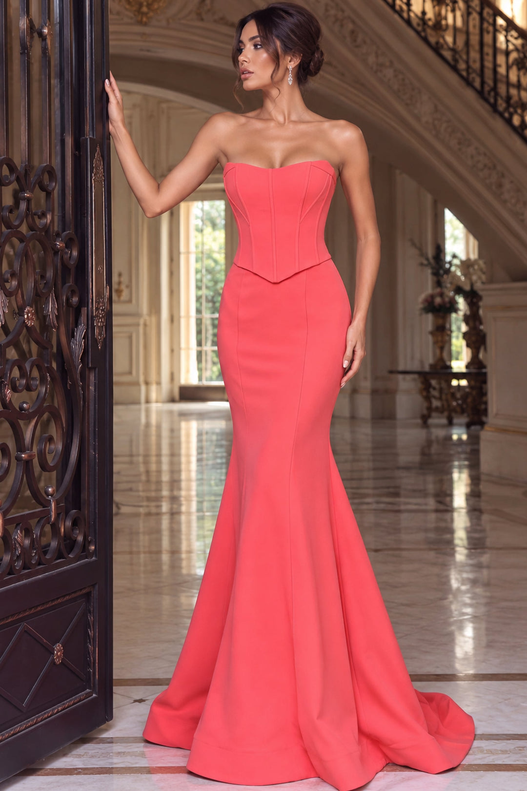 Jovani 49886 Strapless Corset Mermaid Gown with Lace-Up Back three-quarter view