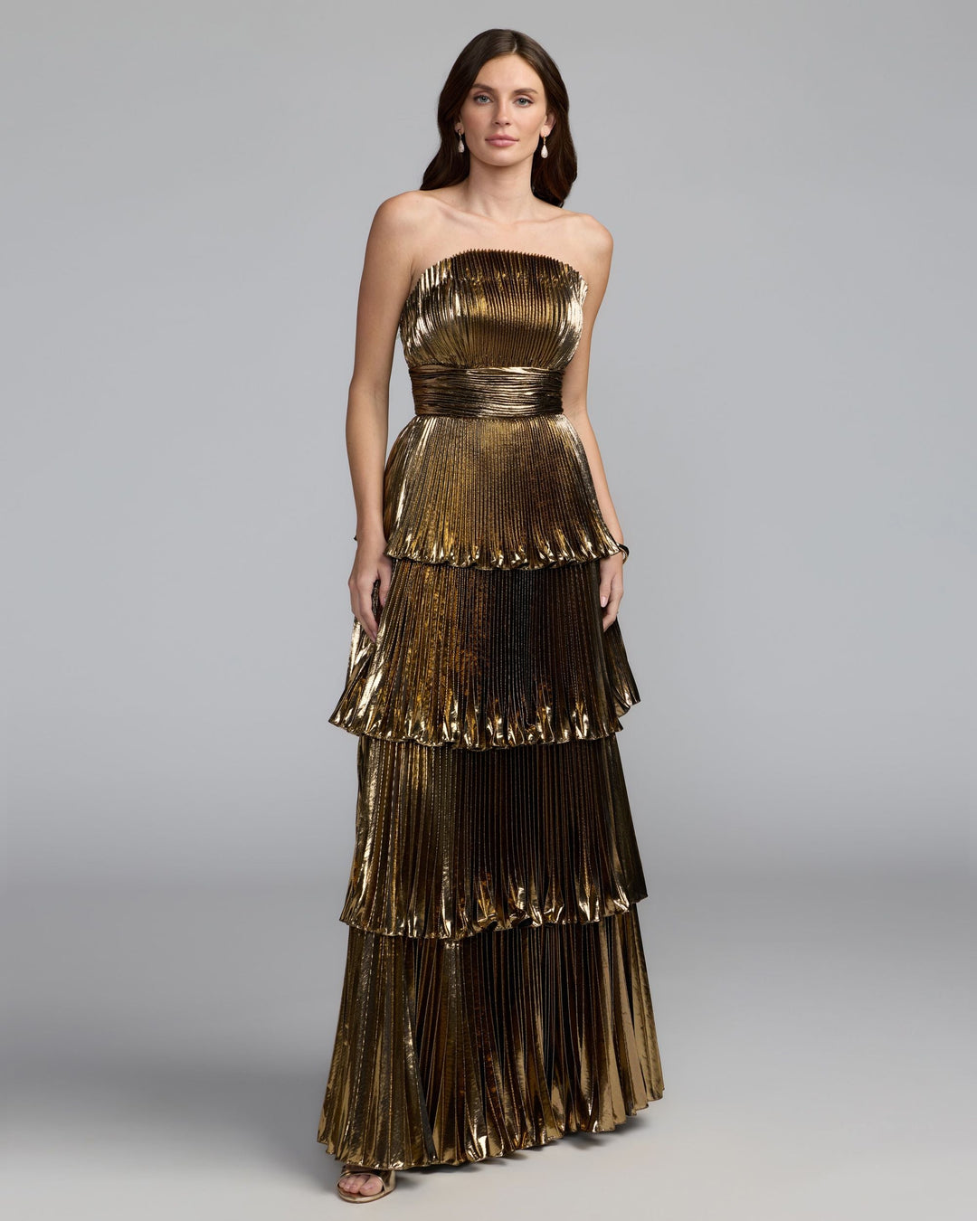 Mac Duggal 49911 Strapless Pleated Metallic Ruffle Tiered Gown