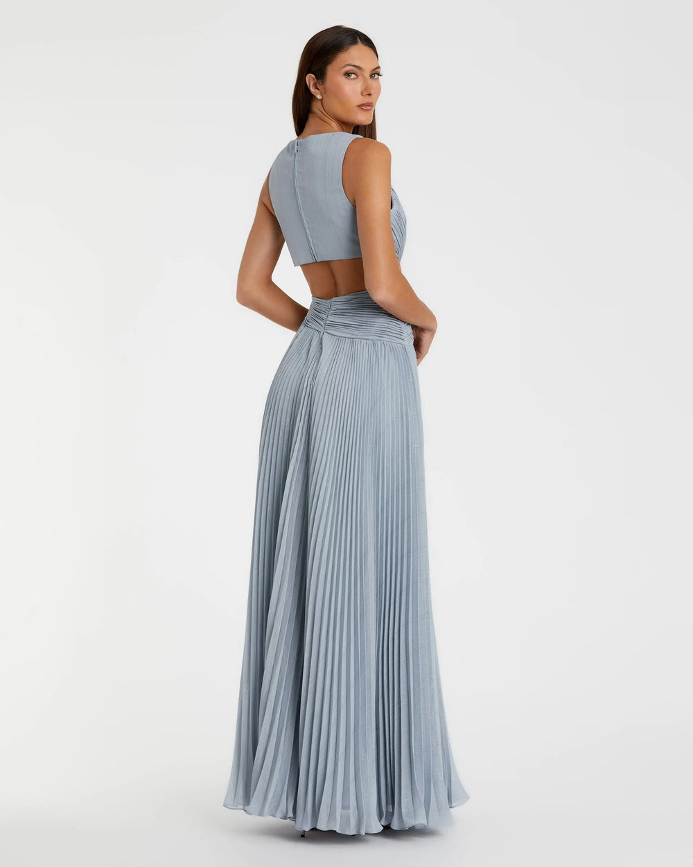 Blue Ruched Chiffon Sleeveless Gown With 3D Flower - FOSTANI.com