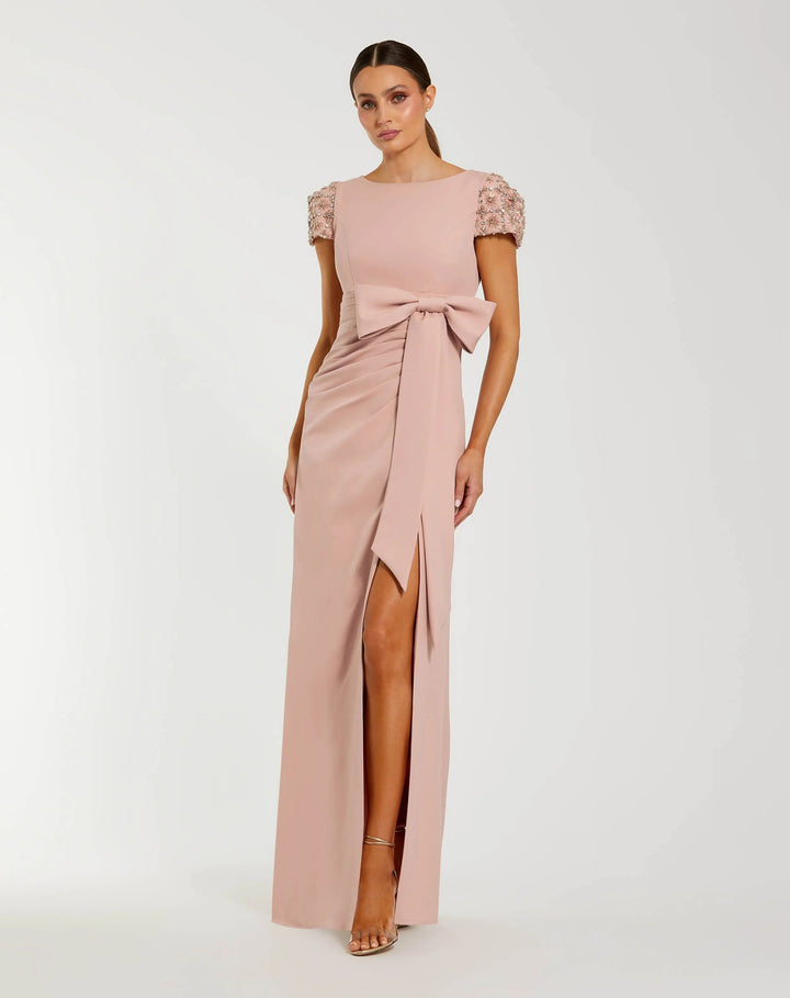 Pink Beaded Cap Sleeve Crepe Gown With Bow and Slit - FOSTANI.com