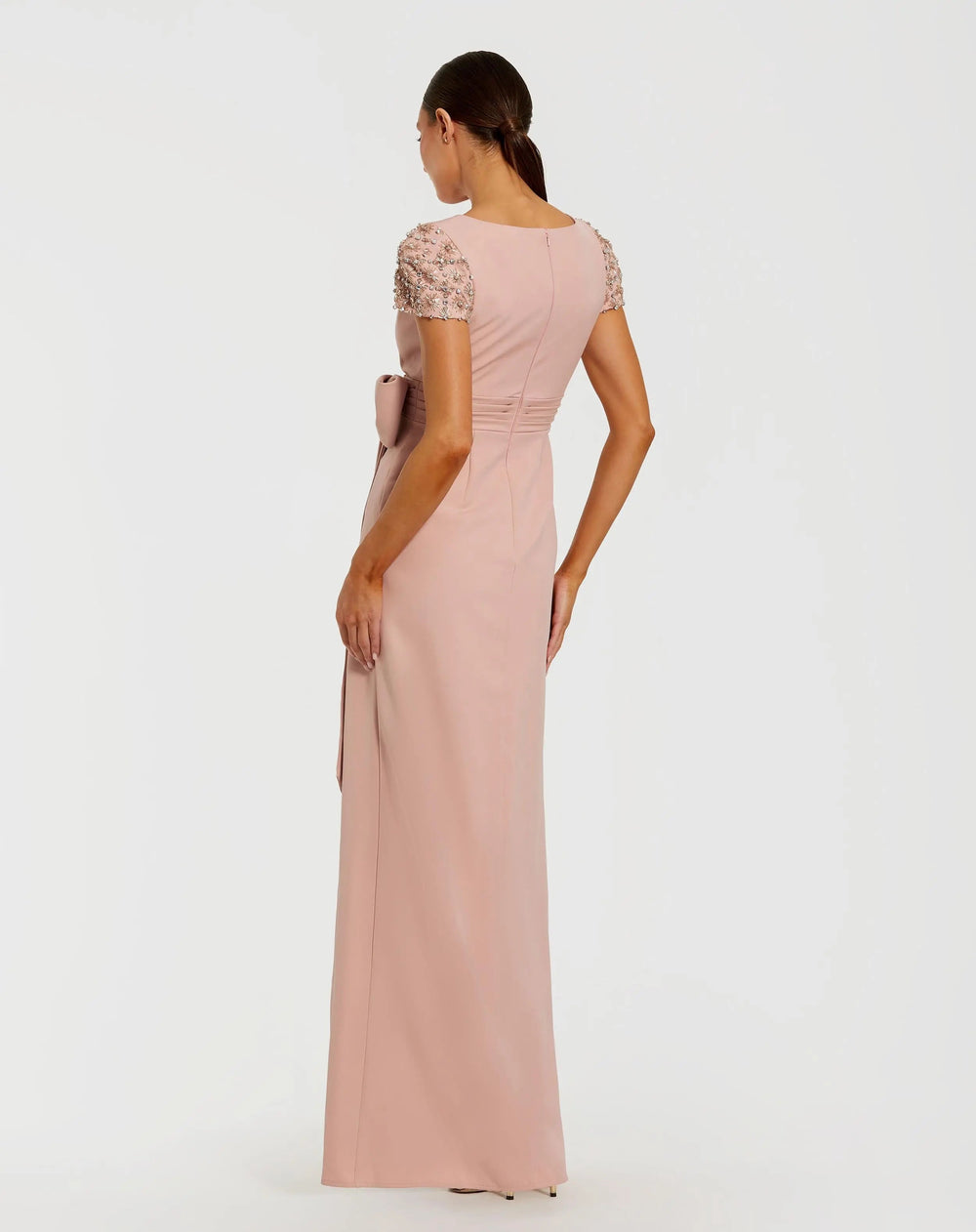 Pink Beaded Cap Sleeve Crepe Gown With Bow and Slit - FOSTANI.com