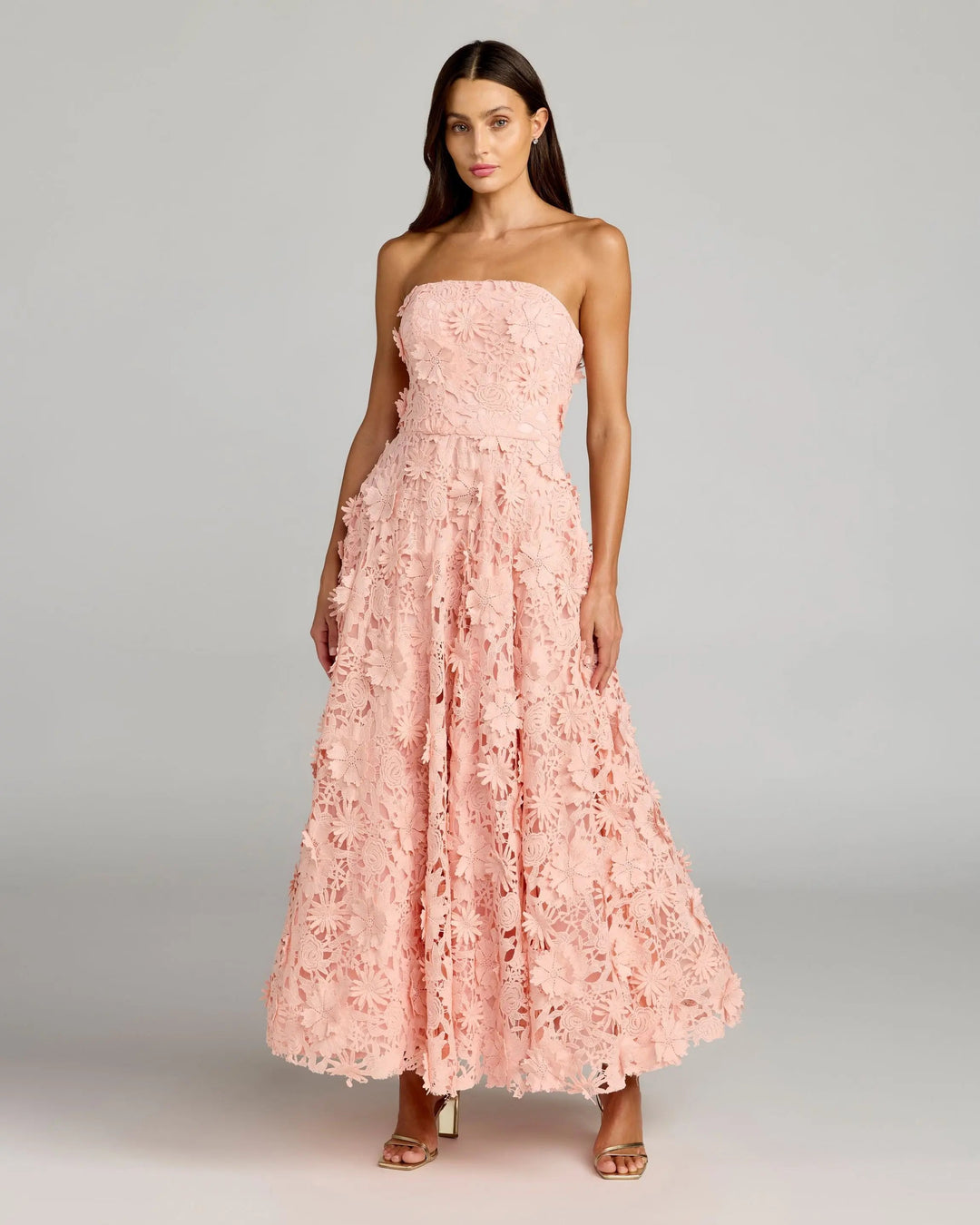Pink Strapless Floral Embroidered Lace A-Line Dress - FOSTANI.com